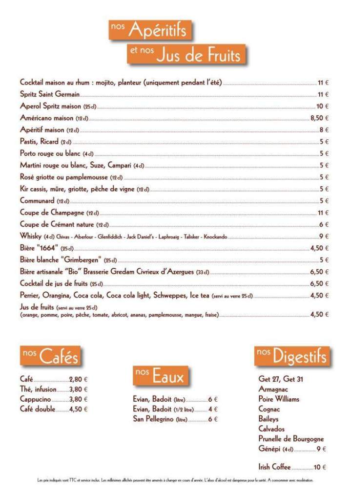 Carte des boissons Beaujolais