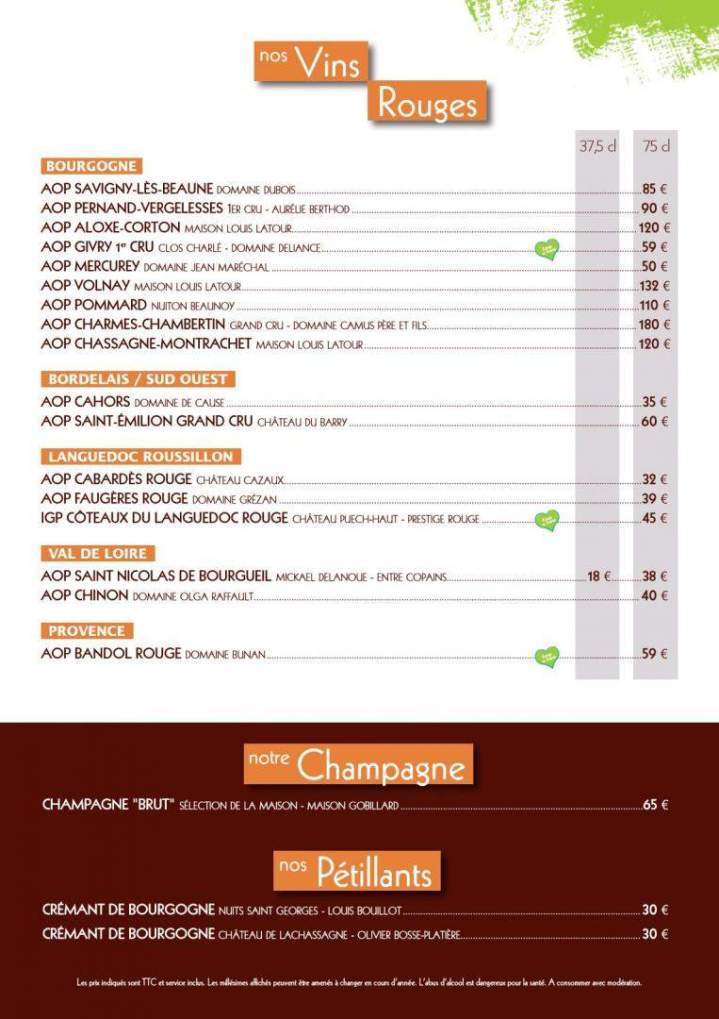 Carte des vins Beaujolais